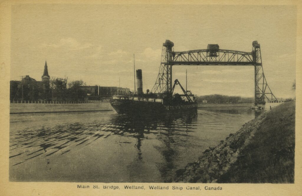 A ship going down the Welland ship canal in the early 1920s.