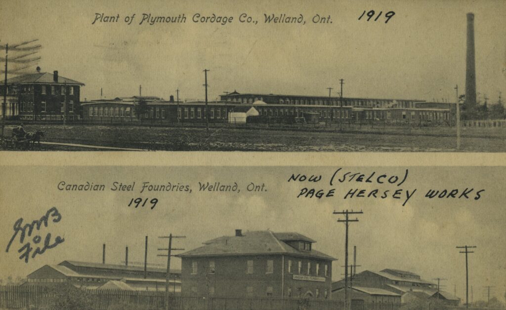 Two old photographs, one above the other, of buildings. The top building is the Plymouth Cordage plant, and the bottom is Page-Hersey.