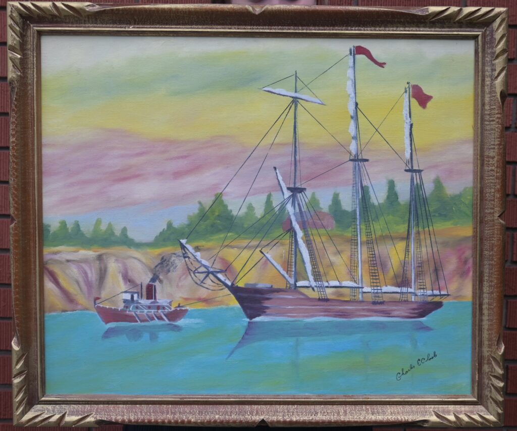 A painting of a large ship being towed down the canal by a smaller boat.