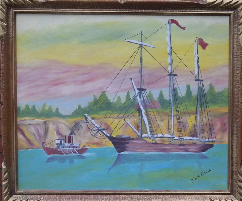 A painting of a large ship being towed down the canal by a smaller boat.