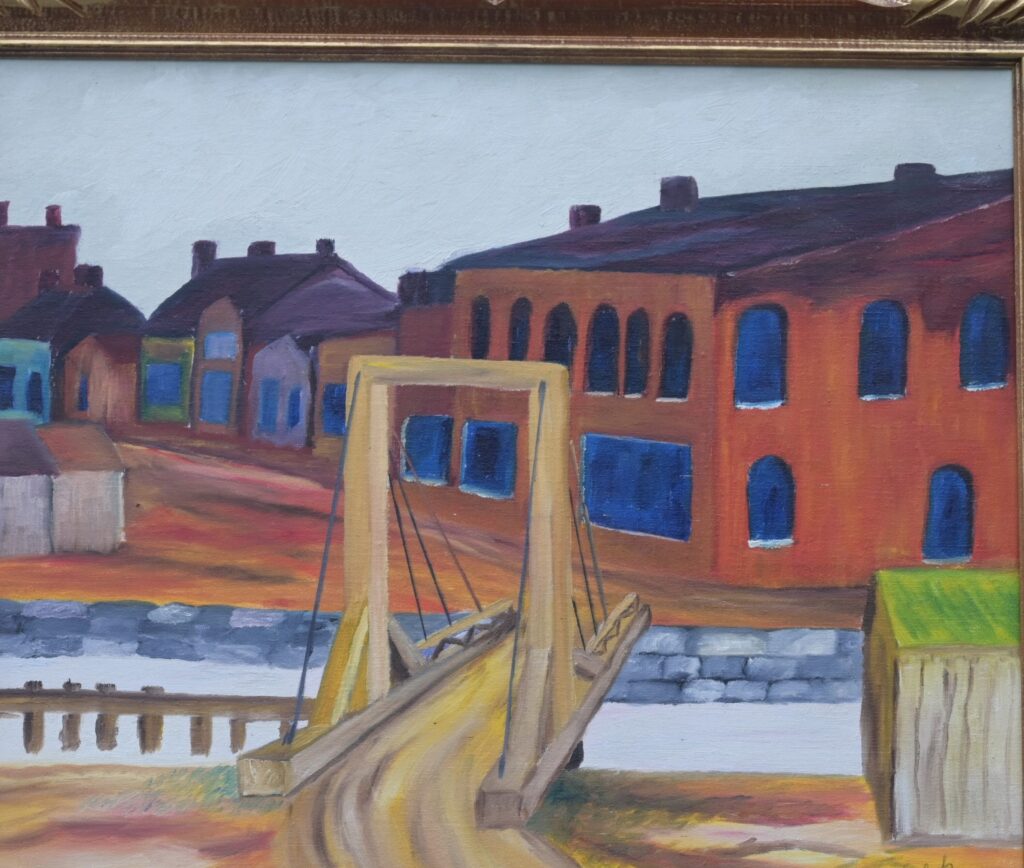 A painting of a bridge crossing the canal, and buildings on the other side.
