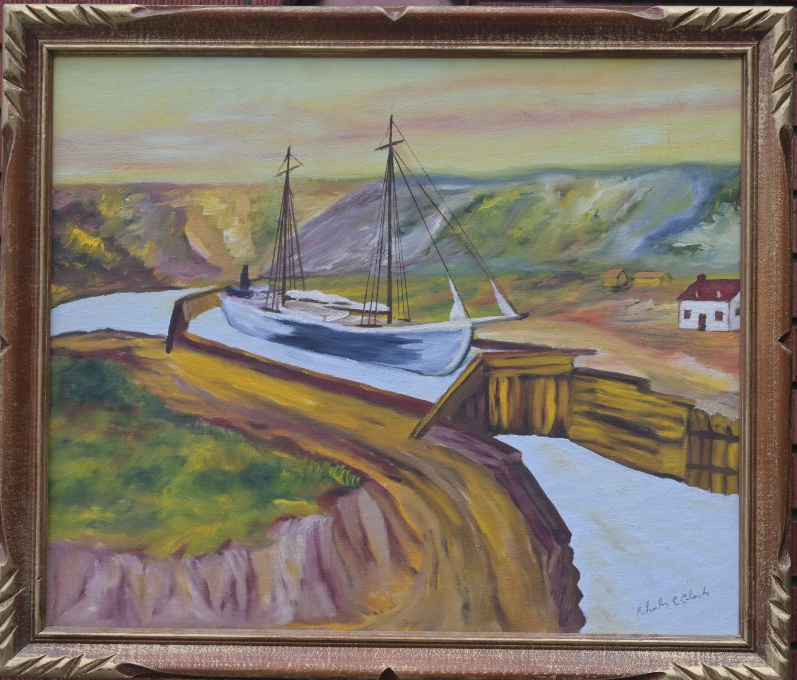 A painting of an old ship with sails in the canal.