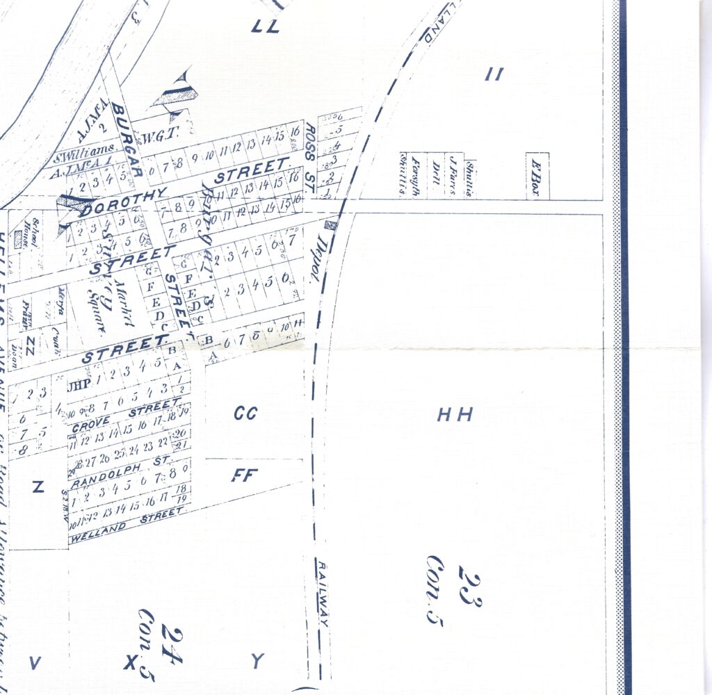 The bottom right corner of a map of Welland from 1876.