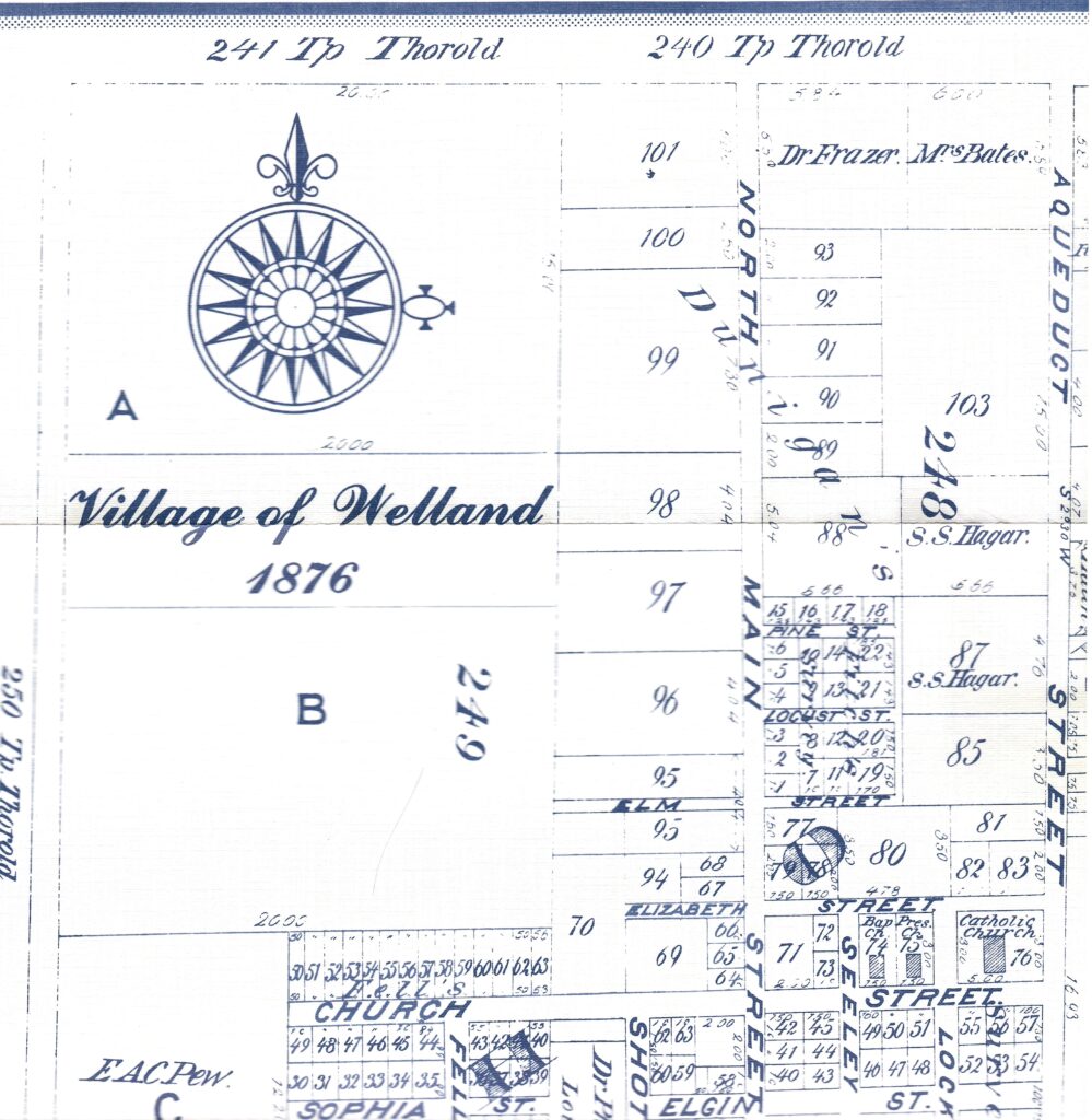 The top left corner of a map of Welland from 1876.