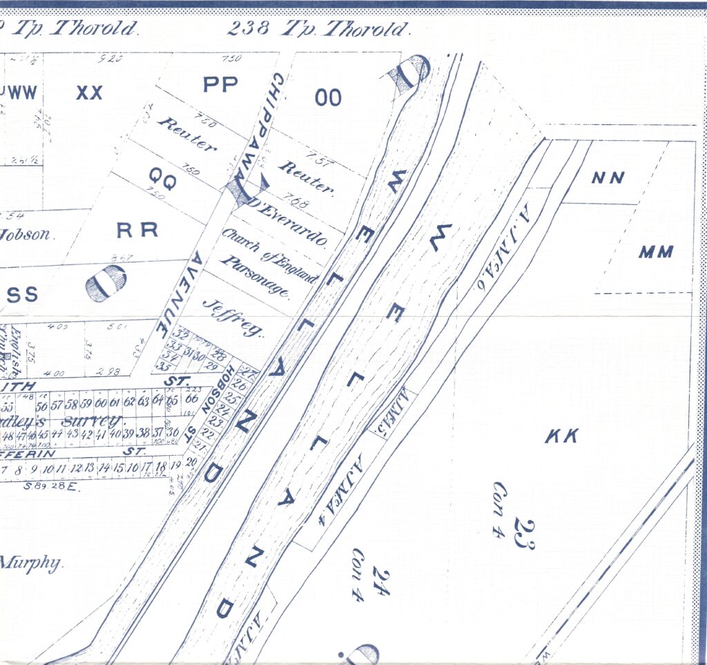 The top right corner of a map of Welland from 1876.