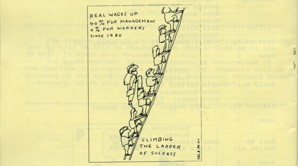 A comic of many people climbing up a ladder. It says "Real wages up forty percent for management, zero percent for workers since 1980. Climbing the ladder of success."
