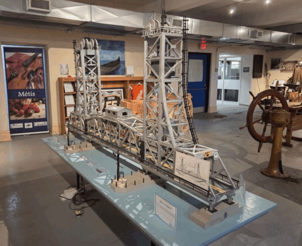 Picture of lower gallies in Welland Museum with the model of Bridge 13 in the center. 